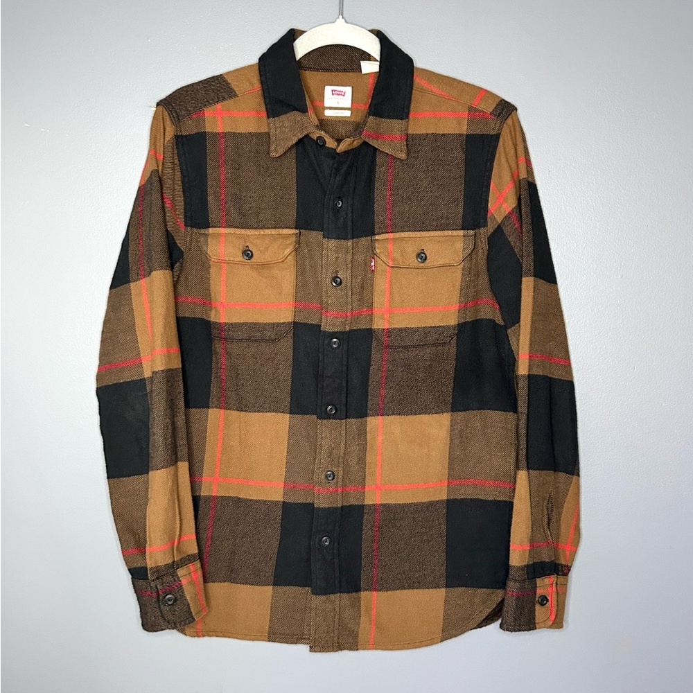 Levis‎ Thick Flannel Shirt Mens Small Brown Black Plaid Button Relaxed Fit Work